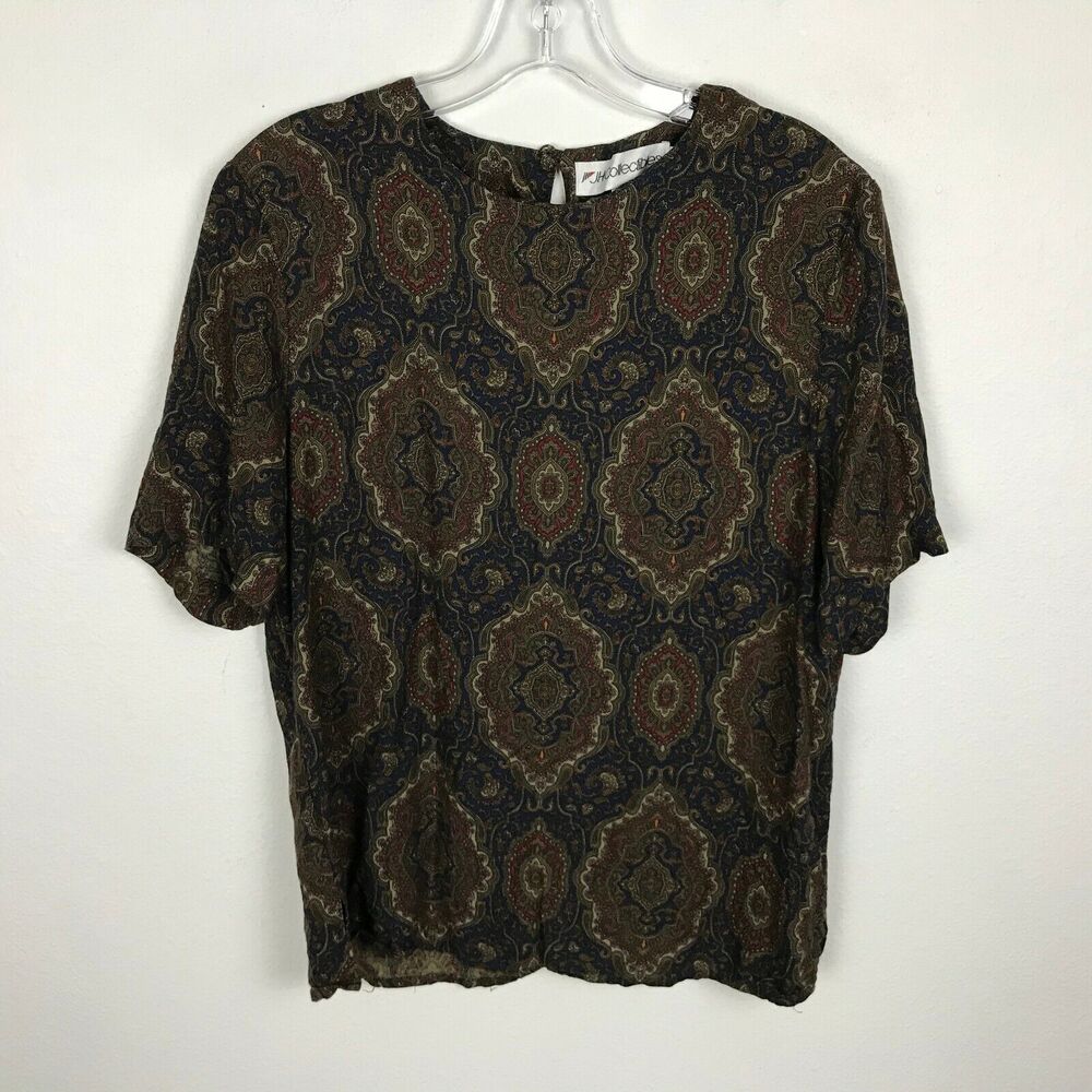 Vintage 90s JH Collectibles Size 12P Brown Blue Baroque Pattern Short Sleeve